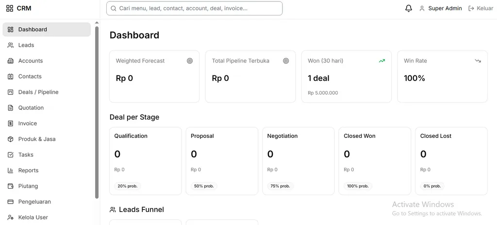 Tampilan demo CRM — Customer Relationship Management