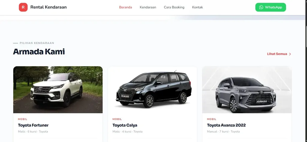 Tampilan demo Web Booking Rental Mobil
